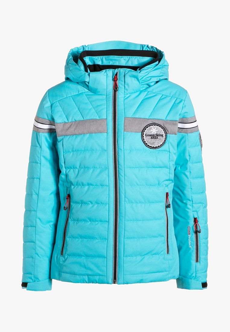 Veste isolée bleu clair avec un motif matelassé, rayures horizontales grises, capuche, fermeture éclair à l'avant et poches latérales avec des accents rouges.