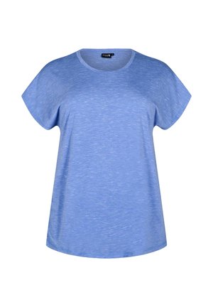 Hellblaues T-Shirt mit kurzen Ärmeln und Rundhalsausschnitt sowie leicht melierter Textur, dargestellt auf weißem Hintergrund.