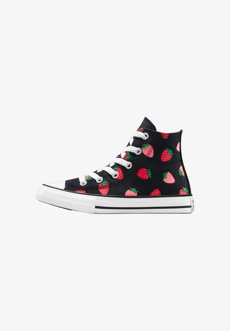 High-top sneakers in black canvas featuring a strawberry pattern in pink and red, white laces, and a white rubber sole with black accents.
