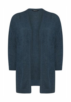 Cardigan ouvert de couleur bleu foncé, texture tricotée avec des manches trois-quarts, présentant un ourlet côtelé et un motif subtil sur l'ensemble.