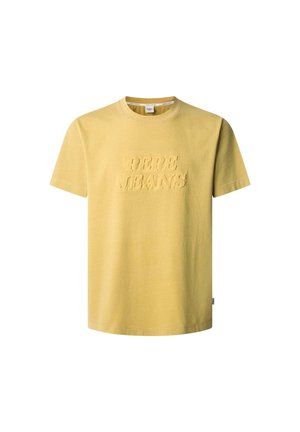 Rumena bombažna majica s kratkimi rokavi, obogatena z embosiranim logotipom "PEPE JEANS". Ima krojen ovratnik in gladko teksturo, ter sproščen fit.