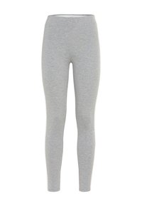 Ljusgrå leggings gjorda av mjukt, stretchigt material; figurnära design med en slät midjeresår; inga synliga mönster eller metalldetaljer.