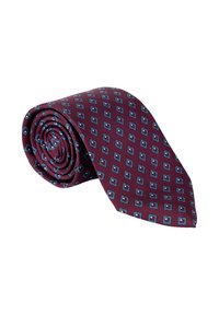 Bordeaux zijden stropdas opgerold, met een geometrisch patroon van blauwe diamanten met accenten. Soepele textuur en klassiek ontwerp.