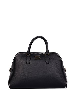 Borsa a tracolla in pelle nera texturizzata con due manici, cuciture bianche lungo i bordi e piccolo logo color oro al centro frontale.