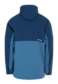 Kaksi sävyä sinistä vedenpitävää takkia hupulla, pitkät hihat, joustavat hihansuut ja pieni valkoinen logo takana oikealla puolella.