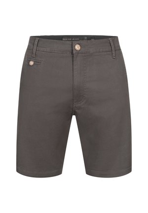 Shorts en coton gris avec une fermeture à bouton et une poche frontale. Présente une texture lisse et un design ajusté.