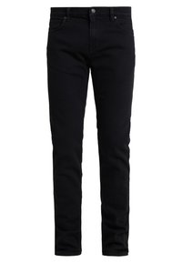 Svarta slim-fit jeans med framknapp och blixtlås, fram- och bakfickor, visade mot en vit bakgrund.