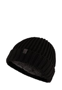 Black knitted beanie hat with vertical ribbed pattern, featuring a soft grey fleece lining and a small logo tag on the side.