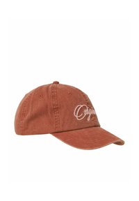 Brun bomuldsbaseballcap med buet skygge, broderet "Original" i hvid skrivestil og seks-panel design med ventilationsøjer.