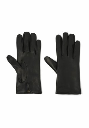 Czarne skórzane rękawiczki o gładkiej teksturze, z pięcioma palcami i subtelnym wycięciem u podstawy dla dodatkowego detalu.