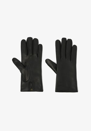 Schwarze Lederhandschuhe mit glatter Textur, ausgestattet mit fünf Fingern und einem subtilen Ausschnitt am unteren Ende für zusätzlichen Detail.