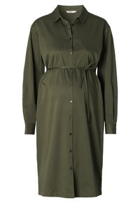 Olivengrünes, knöpfbares Kleid mit Kragen, langen Ärmeln und einem abnehmbaren Bindegürtel in der Taille, aus einem weichen, leichten Stoff gefertigt.