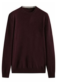 Viininpunainen neulepaita, pyöreä pääntie, pitkät hihat, pehmeä tekstuuri, resorit hihansuissa ja helmassa, kauluksessa kontrastivärinen vaaleanharmaa reunus.