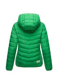 Green puffer jacket with hood, featuring a chevron quilted pattern, smooth texture, and an embroidered label at the waist.