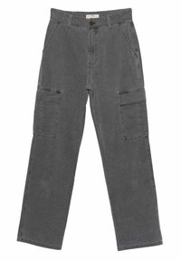 Graue Cargo-Hosen aus Baumwollmischung, ausgestattet mit zwei Seitentaschen, zwei Cargotaschen, geradem Beindesign und Reißverschluss mit Knopfverschluss.