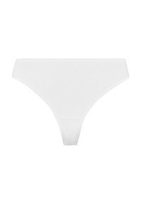 Witte katoenen string van een gladde, rekbare stof. Heeft een minimalistisch ontwerp zonder zichtbare naden of patronen.