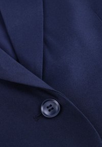Marineblauwe blazer van een gladde stof, met spitse revers en een enkele ronde knoopsluiting, met een strakke, op maat gemaakte uitstraling.