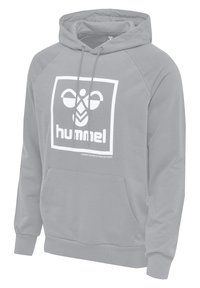 Grijze hoodie met een voorste kangaroo-zak, wit logo op de borst en contrasterende raglanmouwen. Zachte katoenmix.