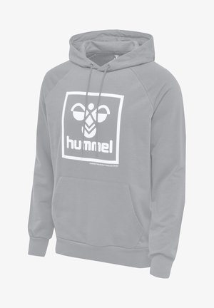 Grauer Kapuzenpullover mit einer vorderen Kängurutasche, weißem Logo auf der Brust und kontrastierenden Raglanärmeln. Weicher Baumwoll-Mix.