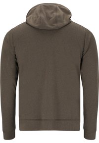 Hoodie vert olive sombre en tissu doux, avec une capuche à cordon, des manches longues et une finition texturée à l'arrière.
