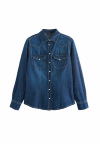 Denimskjorte i mørkeblå, med spidse kraver, to brystlommer, knaplukning og kontrasterende syninger langs sømmene.