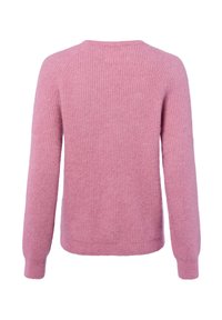 Rosa Strickpullover mit langen Ärmeln, strukturierter Stoff und rundem Ausschnitt. Verfügt über ein geripptes Design und eine leicht lockere Passform.