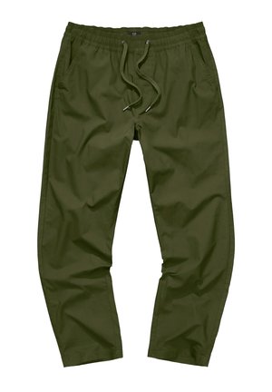 Pantalones verde olivo con cintura elástica, cordón, bolsillos laterales y diseño de pierna ajustada, fabricados en un tejido suave y ligero.