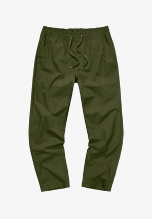 Vihreät oliivinväriset housut, joissa on taittuva vyötärö, nyöri, sivutaskut ja kapeneva lahjesuunnittelu, valmistettu sileästä ja kevyestä kankaasta.