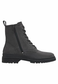 Stivaletti alla caviglia in suede grigio con lacci frontali e zip laterale, caratterizzati da una finitura testurizzata, una suola spessa e occhielli rotondi.