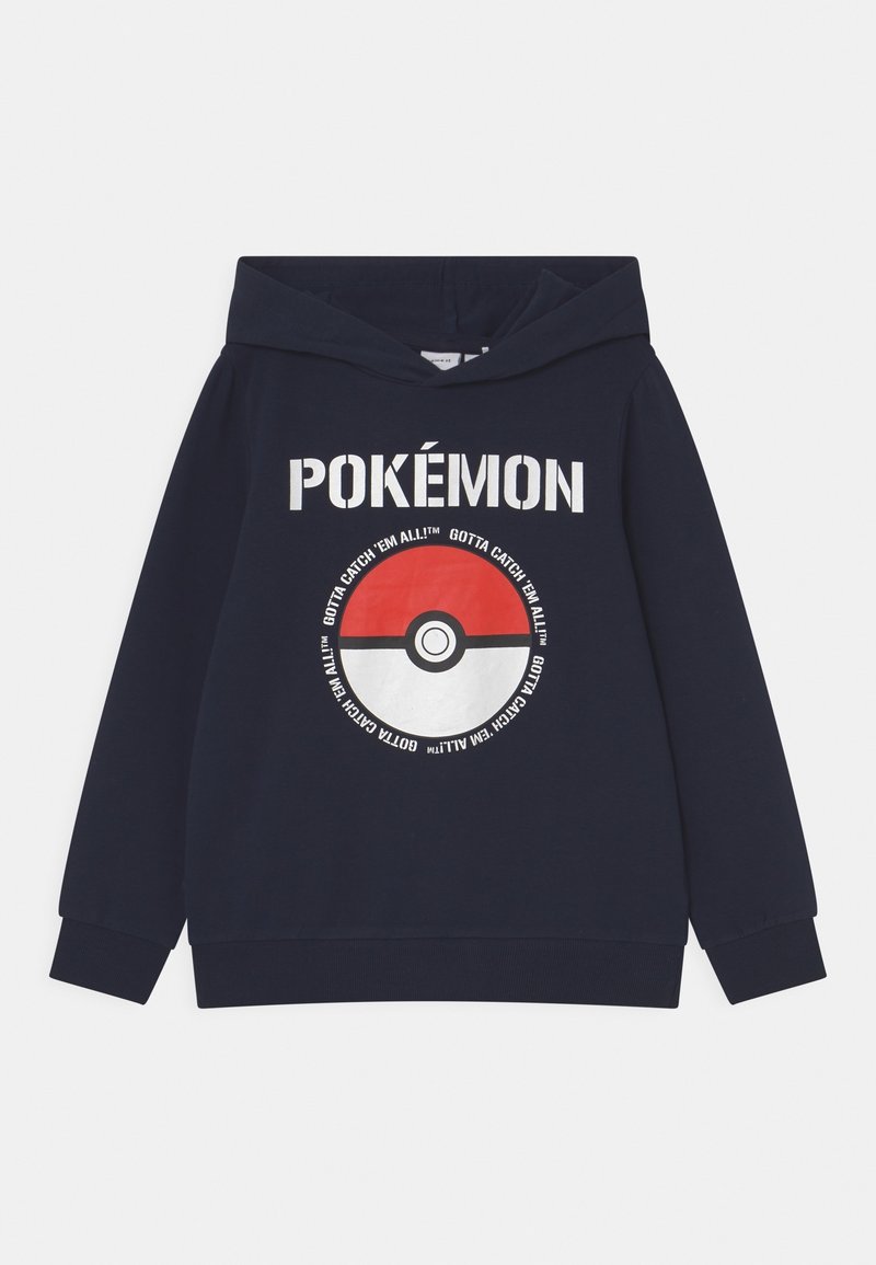 Sweat à capuche bleu marine avec un grand graphique de Poké Ball rouge et blanc, avec le texte "POKÉMON" au-dessus et "GOTTA CATCH 'EM ALL!" circulairement autour de la boule.