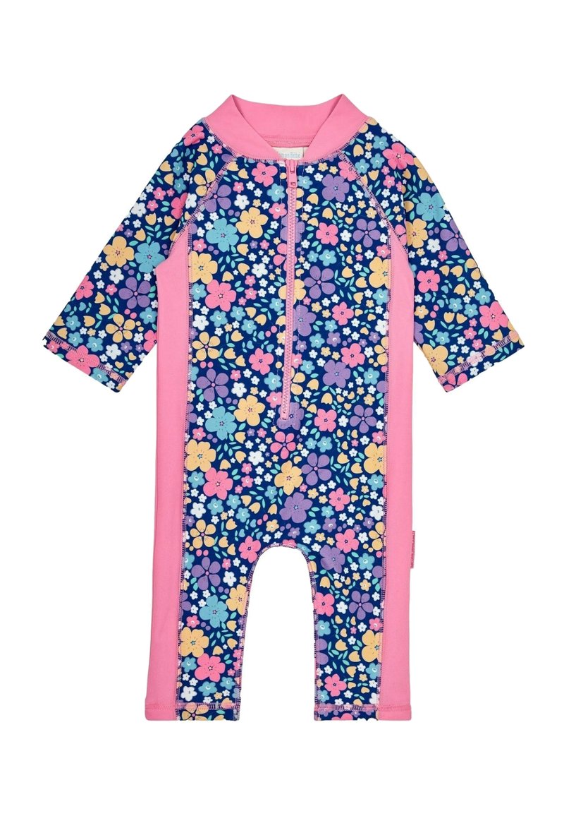 Bañador de una pieza con estampado floral en azul marino y rosa. Mangas largas, cremallera frontal y aperturas en las piernas. Tejido elástico para mayor comodidad.