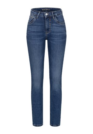 High-waisted slim-fit blue denim jeans with front button, zipper closure, and five-pocket styling.