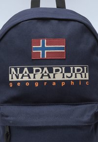 Tamsiai mėlynos drobės kuprinė turi raudoną, mėlyną ir baltą Norvegijos vėliavos aplikaciją bei "NAPAPIJRI geographic" logotipą baltos ir oranžinės spalvų.