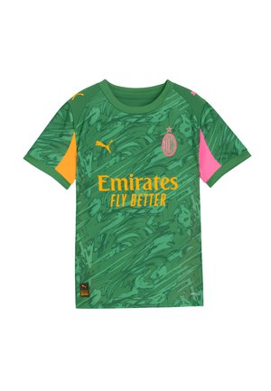Maillot de gardien de but vert avec un design en tourbillon texturé. Présente des accents orange, rose et jaune. Logo et texte du sponsor en couleurs contrastées.