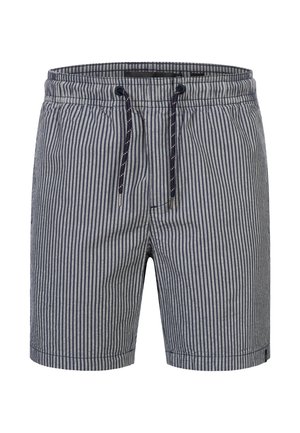 Herren Shorts in Marineblau und hellgrauen vertikalen Streifen. Ausgestattet mit einem elastischen Bund mit Kordelzug und einer bequemen, lockeren Passform. Weicher Stoff.