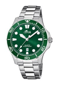 Green dial watch with silver stainless steel band, featuring quartz movement, luminous markers, and water resistance up to 10 bars.