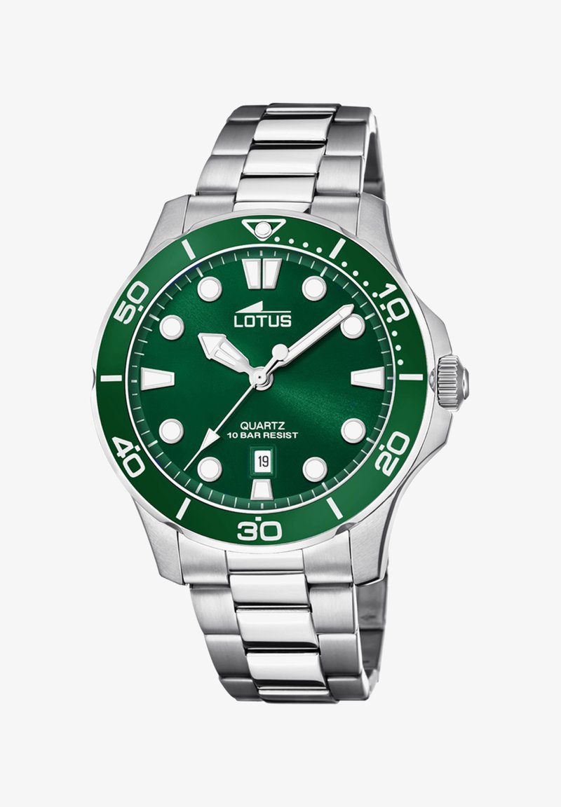 Grüne Zifferblatt-Uhr mit silbernem Edelstahlarmband, ausgestattet mit Quarzwerk, leuchtenden Markierungen und Wasserbeständigkeit bis zu 10 Bar.