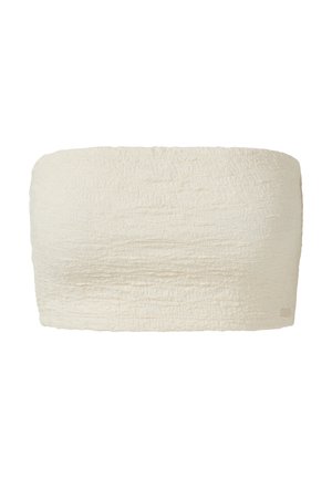 Kremowy top bez ramiączek w formie tuby, wykonany z teksturowanej tkaniny o pogniecionej strukturze. Prosty design, bez widocznych elementów metalowych ani akcentów.