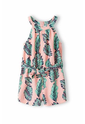 Pink romper with a halter neckline featuring a leaf pattern in green and navy. Elastic waist with a tied belt. Lightweight fabric.