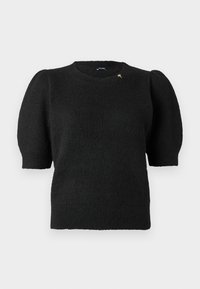 Pulover negru tricotat cu mâneci scurte bufante, tiv rotunjit și margine cu dungi. Are un mic accesoriu auriu lângă umăr.