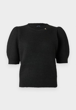 Černý pletený svetřík s krátkými nafouklými rukávy, kulatým výstřihem a žebrovaným lemem. Obsahuje malý zlatý detail u ramene.