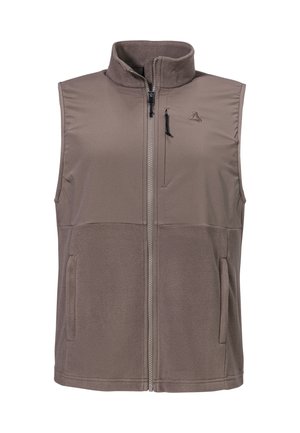 Leichte braune Fleeceweste mit hohem Kragen, Frontreißverschluss und Seitentaschen. Glatte Außenseite mit weichem Innenfutter und Logodetail.