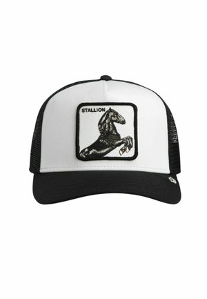 Gorra de camionero negra y blanca con un parche frontal que muestra un semental negro encabritado y la palabra "STALLION".