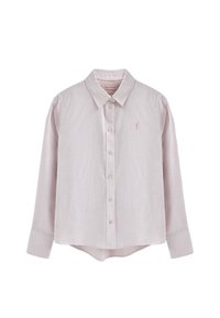 Camicia a righe in rosa chiaro e bianco. Presenta un colletto, maniche lunghe e un logo discreto sul petto. Tessuto dalla texture morbida.