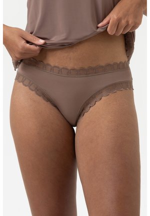 Brown panties with a scalloped lace trim along the waist and leg openings. Soft fabric with a smooth texture and classic brief design.