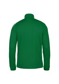 Groene lange mouwen sportjack met hoge kraag, voorzien van witte accenten op de schouders en een gladde, lichte stof.