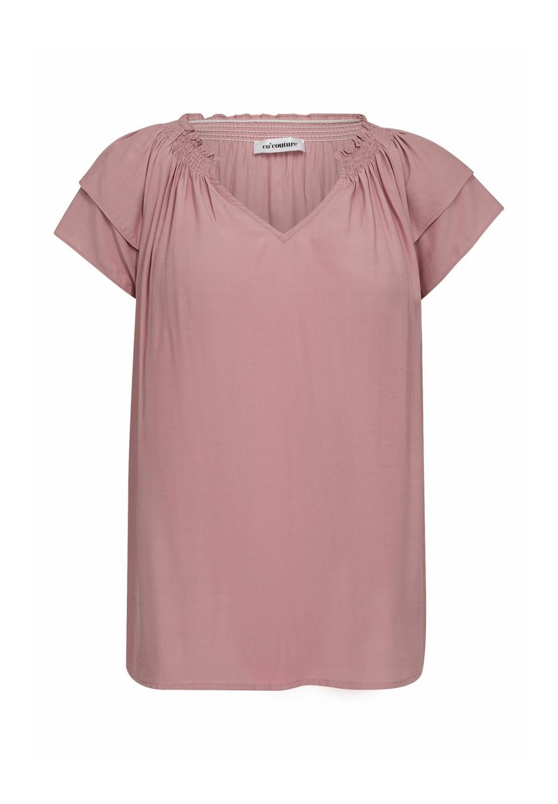 Top rosa con maniche corte e scollatura a V, con dettagli arricciati lungo la scollatura. Realizzato in tessuto leggero, presenta una vestibilità ampia e rilassata.