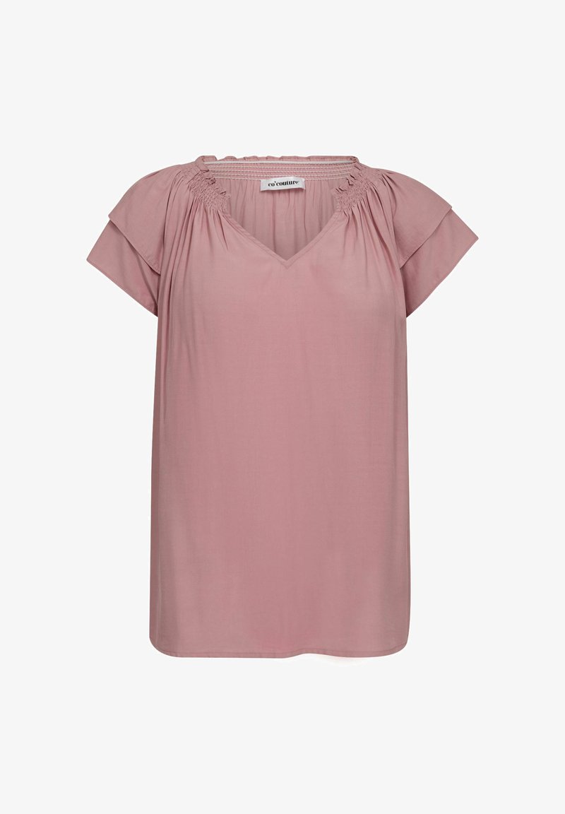 Roosa lühikeste varrukatega tipp V-kaelusega ja rüüstatud detailidega kaeluste juures. Valmistatud kerge materjaliga, millel on lõdvestatud ja mugav istuvus.