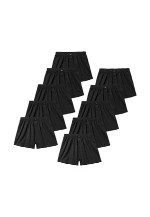 Ten pairs of black men's cotton boxer shorts with elastic waistbands and buttoned flys, arranged in two staggered rows on a white background.