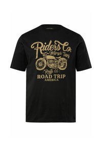 Sort bomulds T-shirt med gyldent grafisk tekst og motorcykeldesign. Indeholder "Riders Co., Motorcycle Supply, Route 66, Road Trip, America."